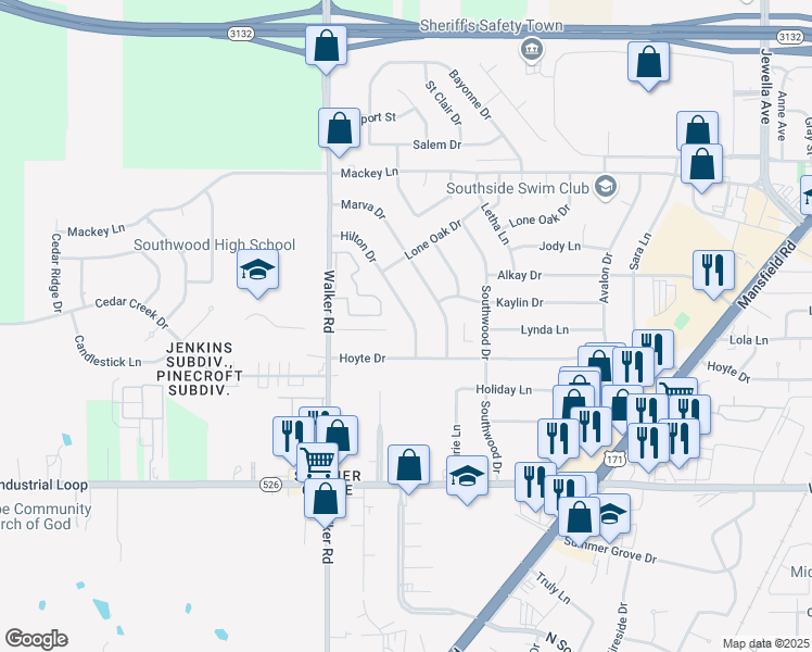 map of restaurants, bars, coffee shops, grocery stores, and more near 9038 Hilton Dr in Shreveport