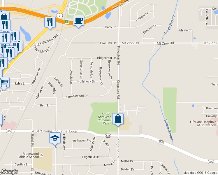 map of restaurants, bars, coffee shops, grocery stores, and more near 1814 S Brookwood Dr in Shreveport