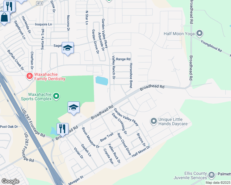 map of restaurants, bars, coffee shops, grocery stores, and more near 108 Valley Ranch Drive in Waxahachie