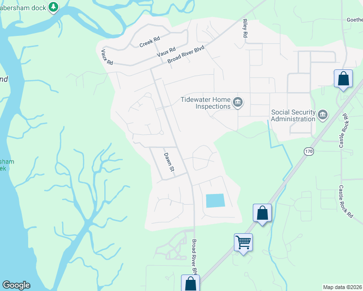 map of restaurants, bars, coffee shops, grocery stores, and more near 741 Broad River Boulevard in Beaufort