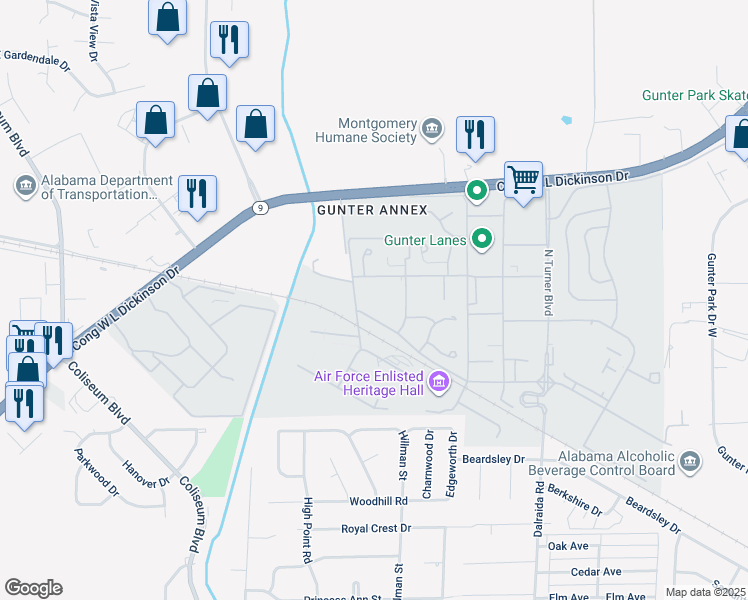 map of restaurants, bars, coffee shops, grocery stores, and more near in Montgomery
