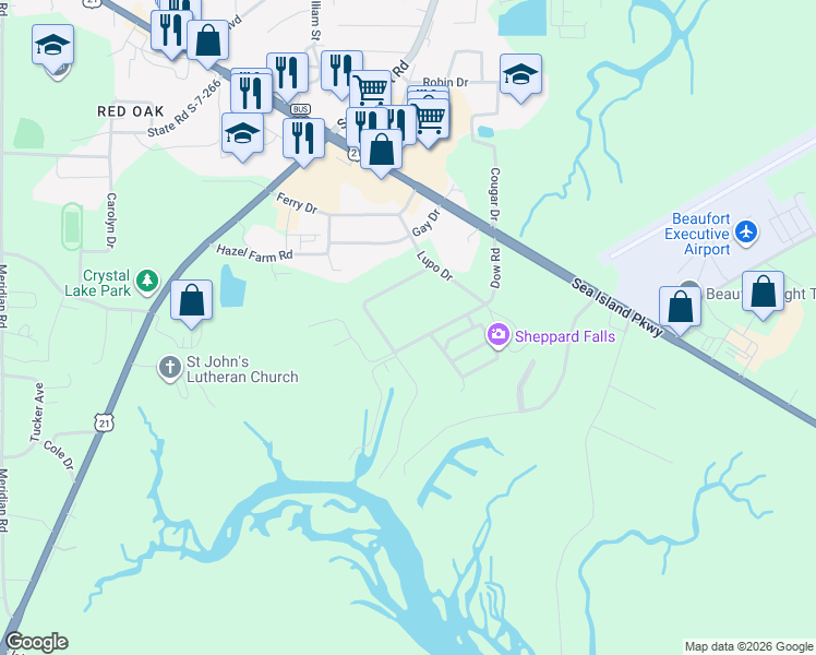 map of restaurants, bars, coffee shops, grocery stores, and more near 54 State Road S-7-493 in Beaufort
