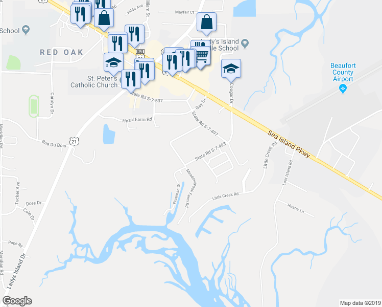 map of restaurants, bars, coffee shops, grocery stores, and more near 54 State Road S-7-493 in Beaufort