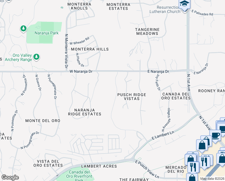 map of restaurants, bars, coffee shops, grocery stores, and more near 11061 North Pusch Ridge Vistas Drive in Oro Valley