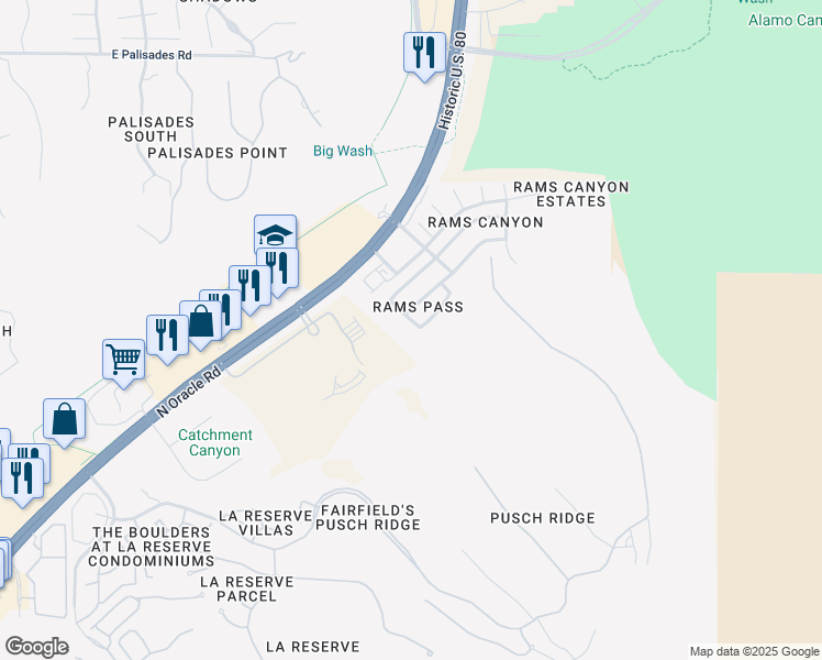 map of restaurants, bars, coffee shops, grocery stores, and more near 11117 North Rams Horn Trail in Oro Valley