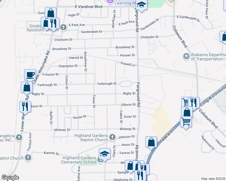 map of restaurants, bars, coffee shops, grocery stores, and more near 1991 Rigby Street in Montgomery