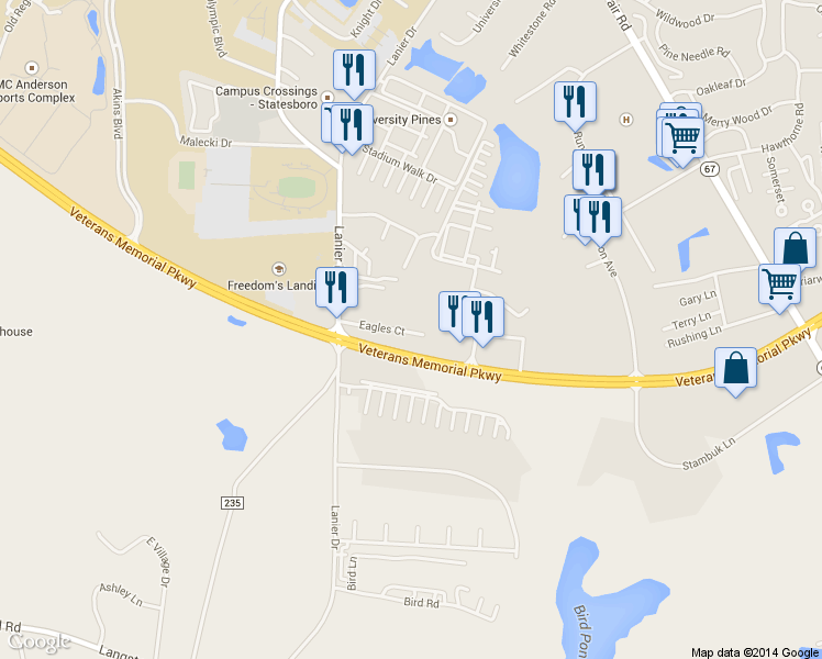 map of restaurants, bars, coffee shops, grocery stores, and more near 324 Eagles Ct in Statesboro