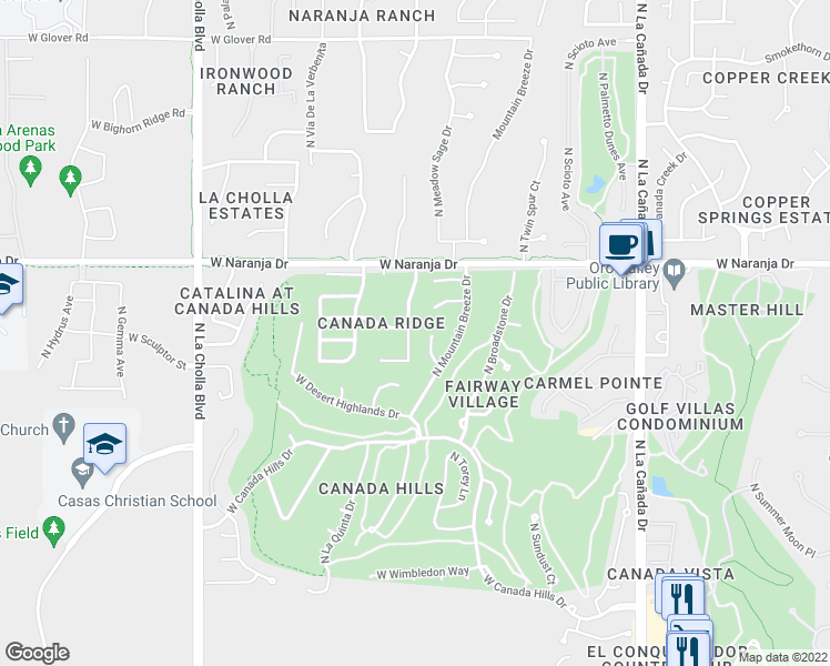 map of restaurants, bars, coffee shops, grocery stores, and more near 11076 North Eagle Crest Drive in Tucson