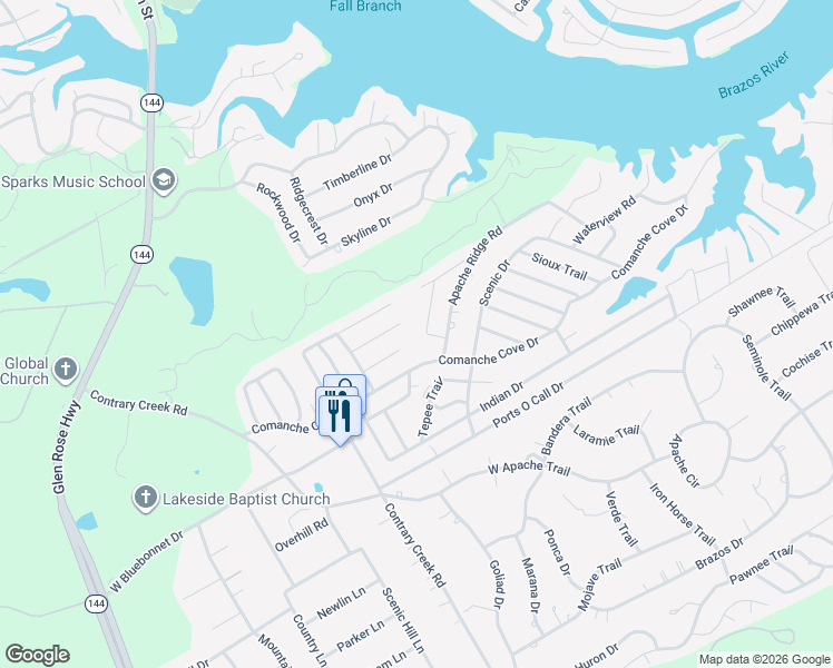 map of restaurants, bars, coffee shops, grocery stores, and more near 912 Indian Creek Drive in Granbury