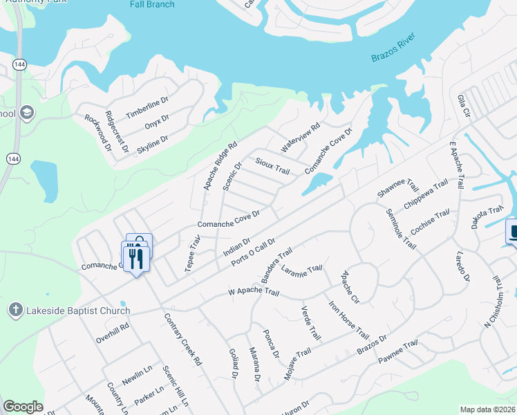 map of restaurants, bars, coffee shops, grocery stores, and more near 1030 Comanche Cove Drive in Granbury