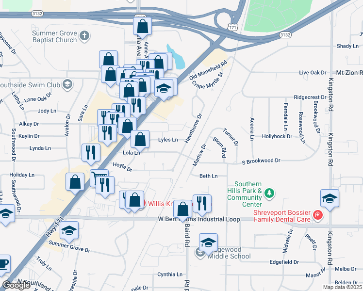 map of restaurants, bars, coffee shops, grocery stores, and more near 8984 Hawthorne Drive in Shreveport