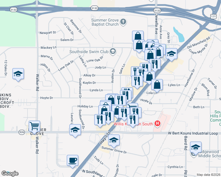 map of restaurants, bars, coffee shops, grocery stores, and more near 9082 Avalon Dr in Shreveport