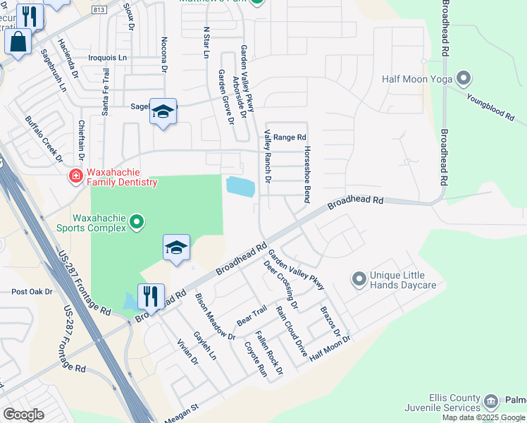 map of restaurants, bars, coffee shops, grocery stores, and more near 109 Valley Ranch Drive in Waxahachie