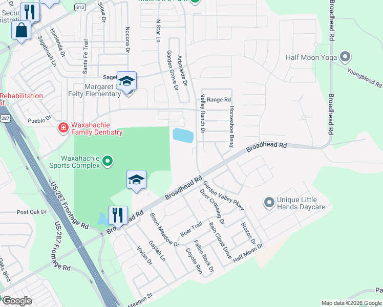 map of restaurants, bars, coffee shops, grocery stores, and more near 109 Valley Ranch Drive in Waxahachie