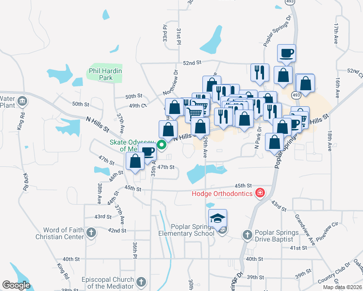 map of restaurants, bars, coffee shops, grocery stores, and more near 3315 North Hills Street in Meridian