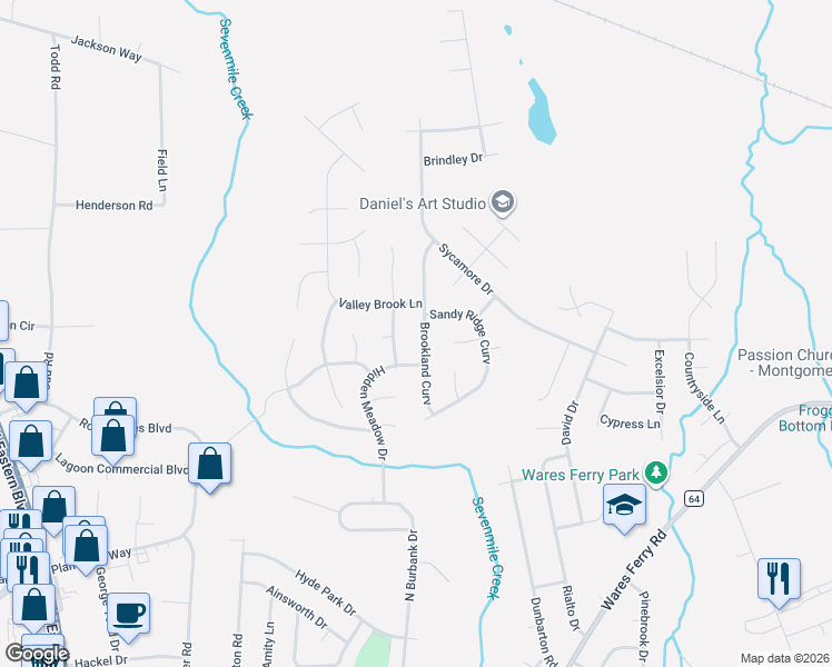 map of restaurants, bars, coffee shops, grocery stores, and more near 826 Brookland Curve in Montgomery