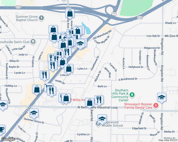 map of restaurants, bars, coffee shops, grocery stores, and more near 8984 Hawthorne Drive in Shreveport