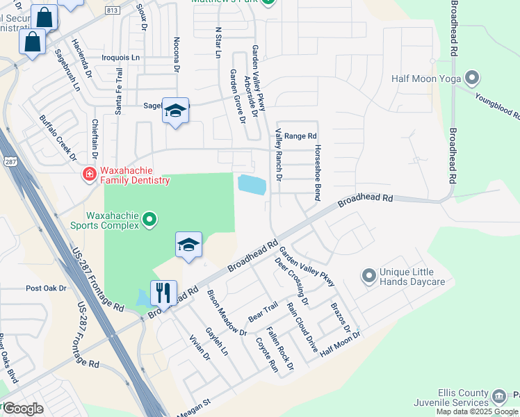 map of restaurants, bars, coffee shops, grocery stores, and more near 109 Valley Ranch Drive in Waxahachie