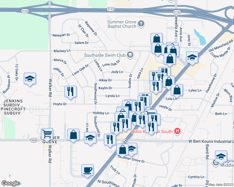 map of restaurants, bars, coffee shops, grocery stores, and more near 2824 Lynda Ln in Shreveport