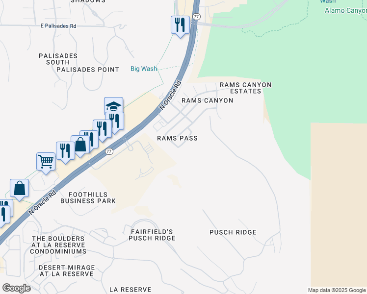map of restaurants, bars, coffee shops, grocery stores, and more near 2300 East Ram Rock Road in Oro Valley