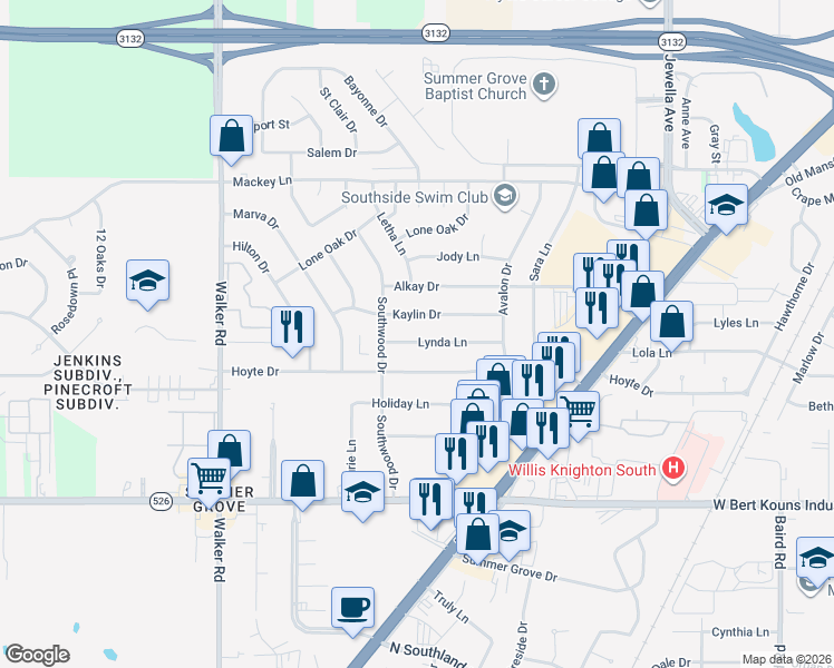 map of restaurants, bars, coffee shops, grocery stores, and more near 2852 Lynda Ln in Shreveport
