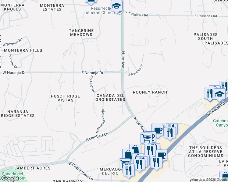 map of restaurants, bars, coffee shops, grocery stores, and more near 11045 North 1st Avenue in Tucson