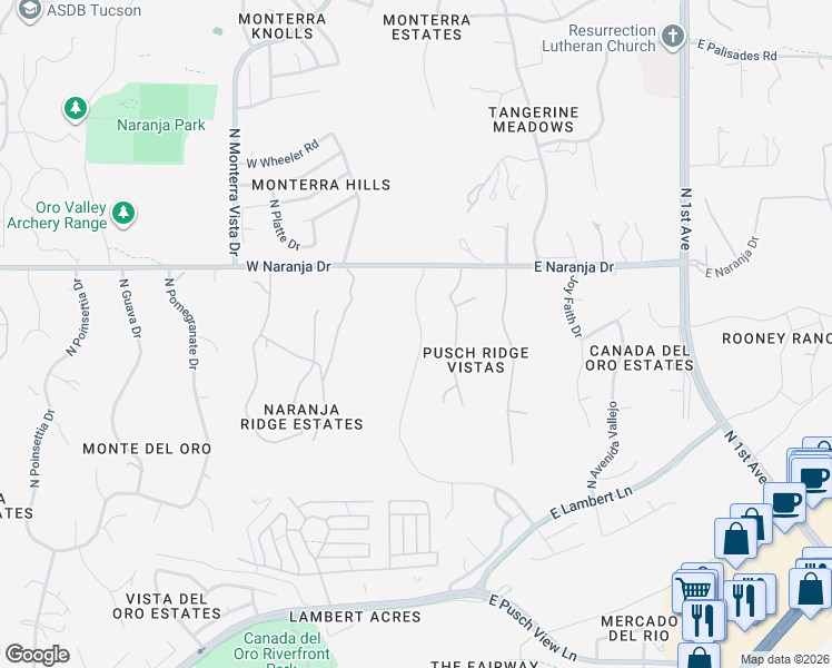 map of restaurants, bars, coffee shops, grocery stores, and more near 11061 North Pusch Ridge Vistas Drive in Oro Valley