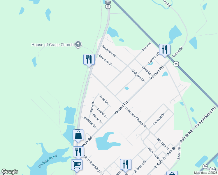 map of restaurants, bars, coffee shops, grocery stores, and more near 203 Lakeview Church Road in Cochran