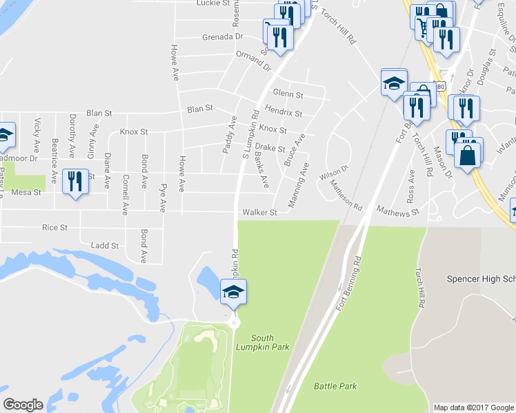 map of restaurants, bars, coffee shops, grocery stores, and more near 3201 Walker Street in Columbus