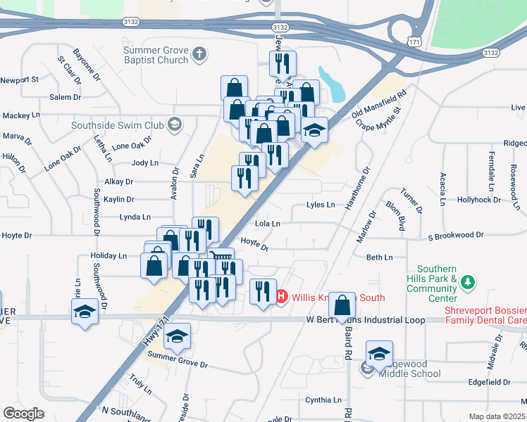 map of restaurants, bars, coffee shops, grocery stores, and more near 9071 Mansfield Rd in Shreveport