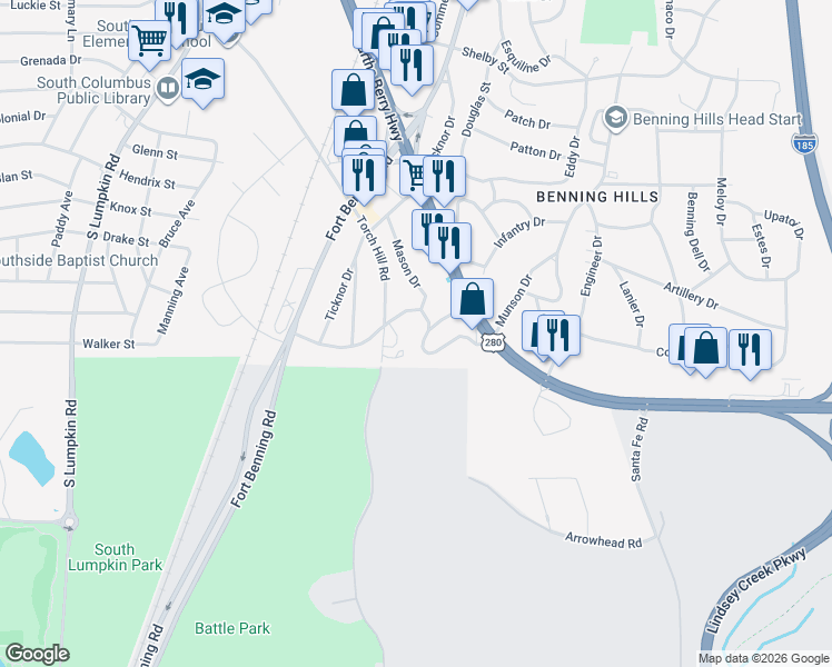 map of restaurants, bars, coffee shops, grocery stores, and more near 36 Mathews Street in Columbus