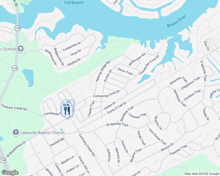 map of restaurants, bars, coffee shops, grocery stores, and more near 3611 Broken Bow Drive in Granbury
