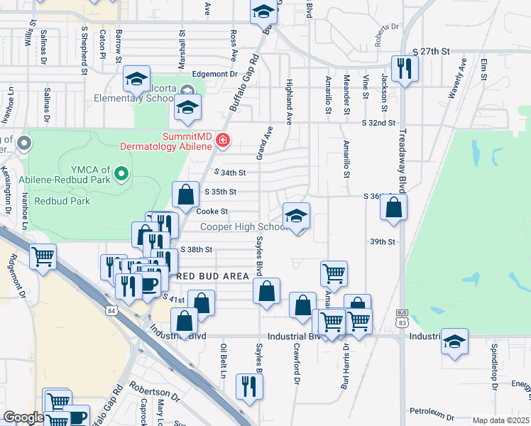 map of restaurants, bars, coffee shops, grocery stores, and more near 3609 Grand Avenue in Abilene