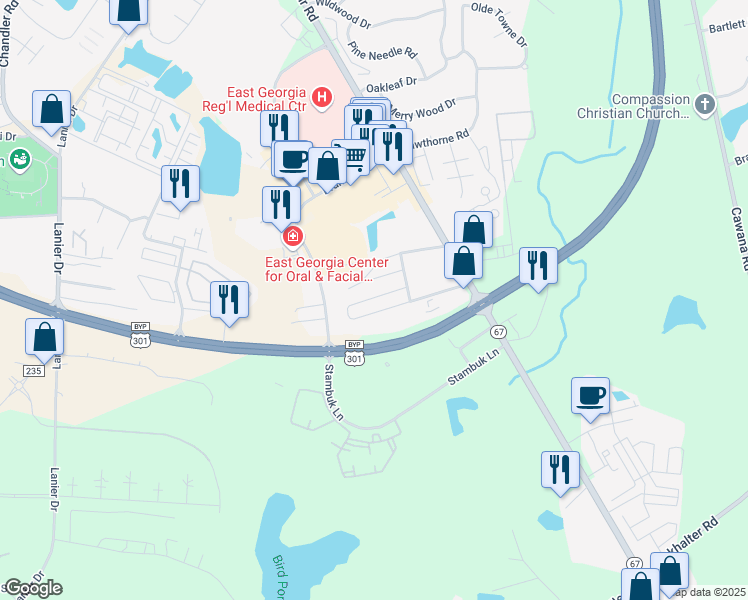 map of restaurants, bars, coffee shops, grocery stores, and more near 20 Terry Lane in Statesboro