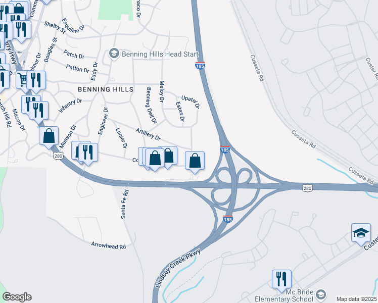 map of restaurants, bars, coffee shops, grocery stores, and more near 1 Artillery Drive in Columbus