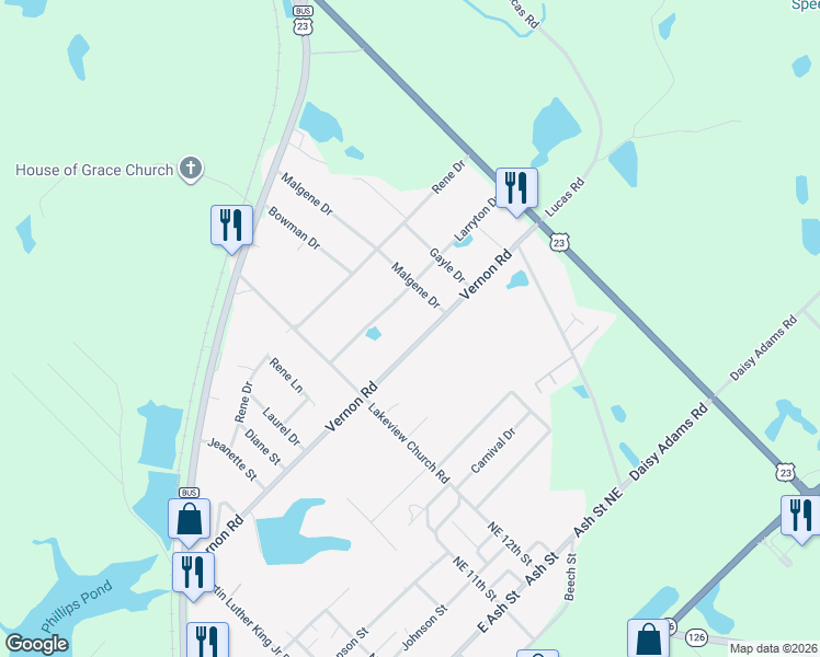 map of restaurants, bars, coffee shops, grocery stores, and more near Vernon Road in Cochran