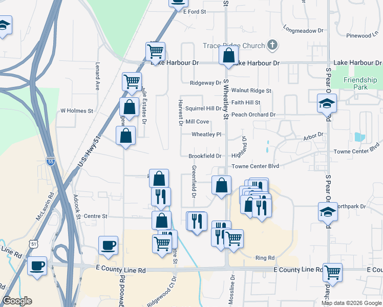 map of restaurants, bars, coffee shops, grocery stores, and more near 695 Greenfield Drive in Ridgeland