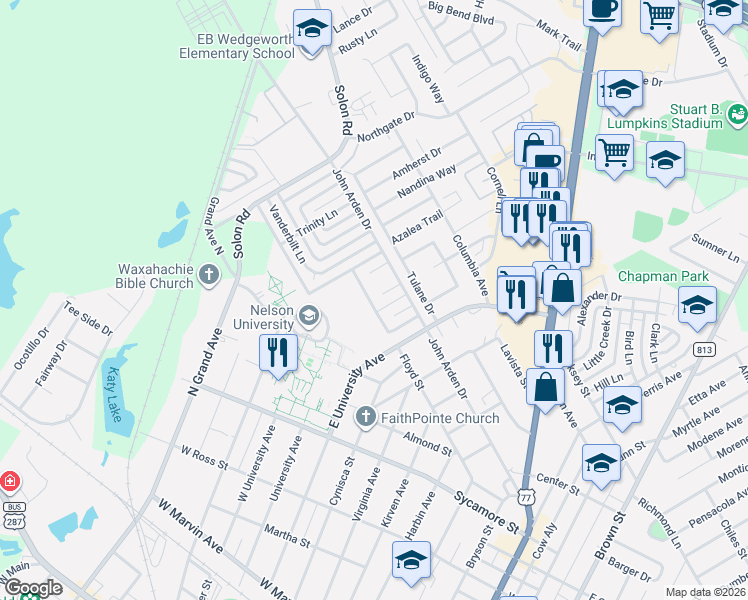 map of restaurants, bars, coffee shops, grocery stores, and more near 110 Clemson Court in Waxahachie