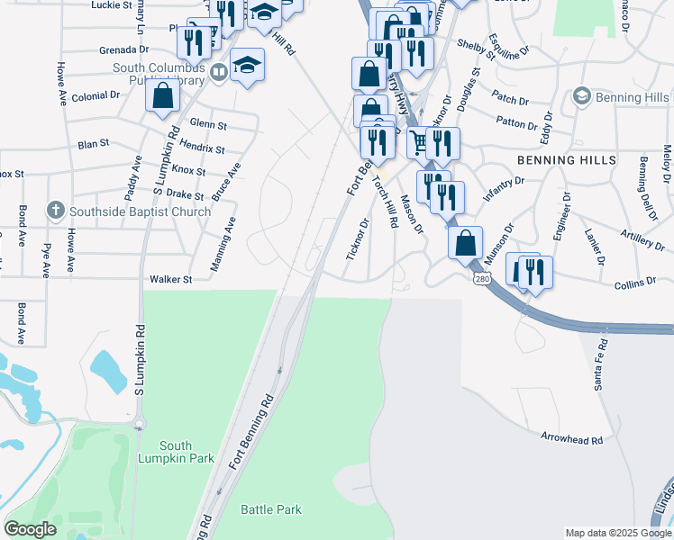 map of restaurants, bars, coffee shops, grocery stores, and more near 2352 Fort Benning Road in Columbus