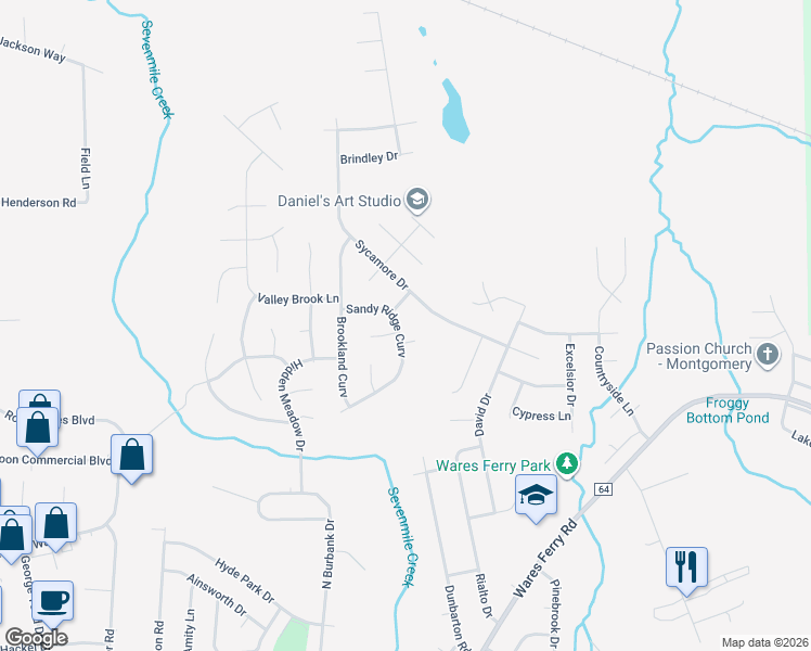 map of restaurants, bars, coffee shops, grocery stores, and more near 6340 Sycamore Drive in Montgomery