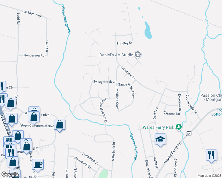 map of restaurants, bars, coffee shops, grocery stores, and more near 1217-1225 Whisperwood Drive in Montgomery