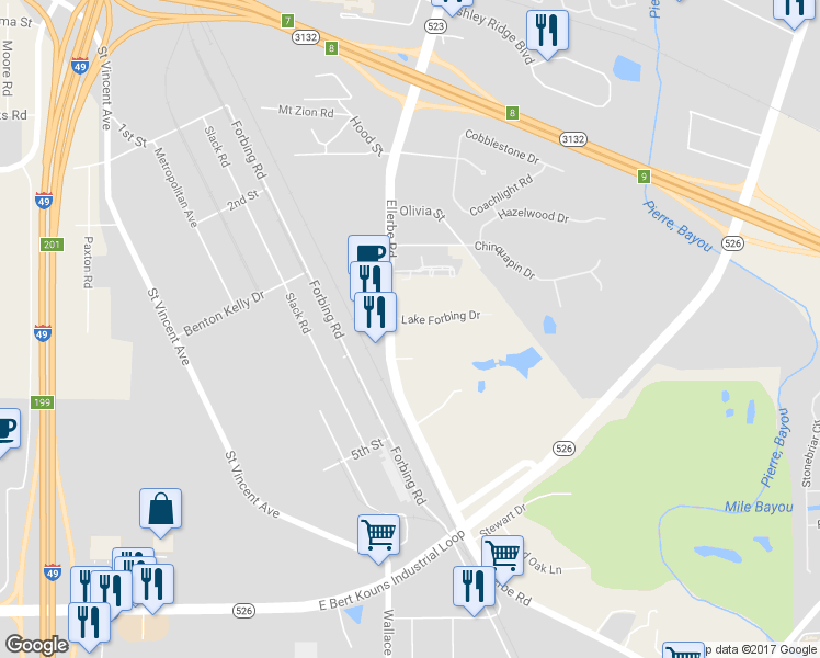 map of restaurants, bars, coffee shops, grocery stores, and more near 610 Lake Forbing Drive in Shreveport