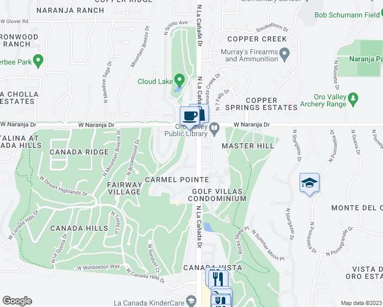 map of restaurants, bars, coffee shops, grocery stores, and more near 11098 North Lapis Court in Oro Valley