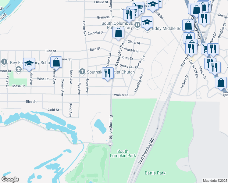 map of restaurants, bars, coffee shops, grocery stores, and more near 2444 South Lumpkin Road in Columbus