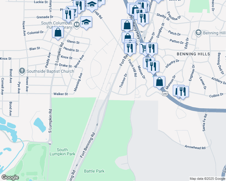 map of restaurants, bars, coffee shops, grocery stores, and more near 2352 Fort Benning Road in Columbus