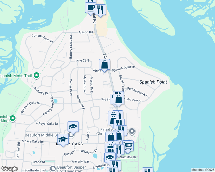 map of restaurants, bars, coffee shops, grocery stores, and more near 700 Bowling Ln in Beaufort