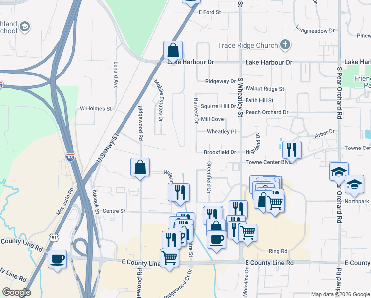 map of restaurants, bars, coffee shops, grocery stores, and more near 613 Harvest Drive in Ridgeland