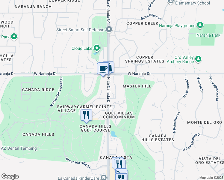map of restaurants, bars, coffee shops, grocery stores, and more near 11000 North La Cañada Drive in Oro Valley