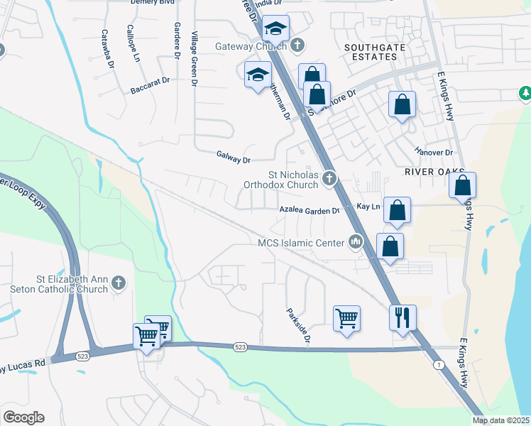 map of restaurants, bars, coffee shops, grocery stores, and more near 9111 Campfire Drive in Shreveport