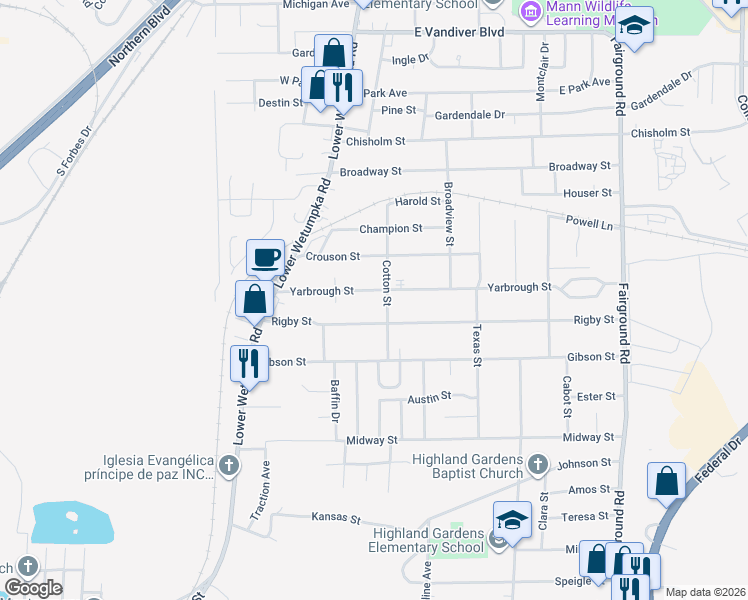 map of restaurants, bars, coffee shops, grocery stores, and more near 3203 Cotton Street in Montgomery